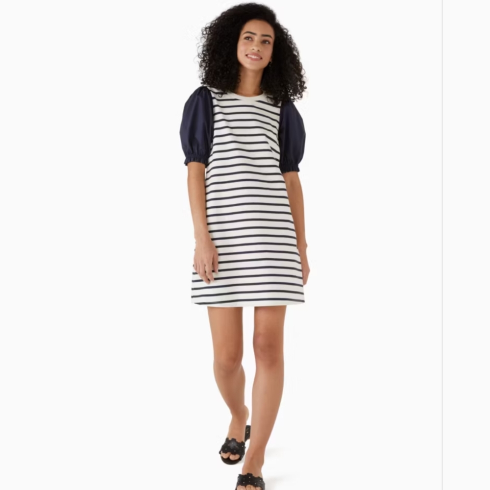 Brand New with tags. Chic Kate Spade Striped Dress with Navy Sleeves
